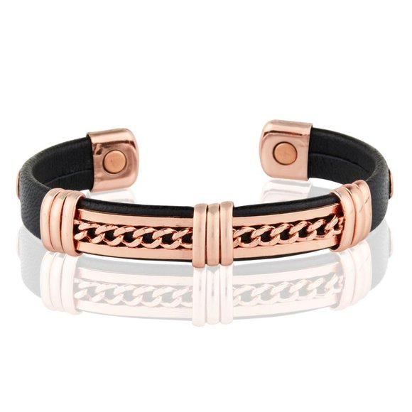 Link Design Pure Copper Leatherette Magnetic Bracelet Pain Relief Cuff Bangle - Picture 1 of 1